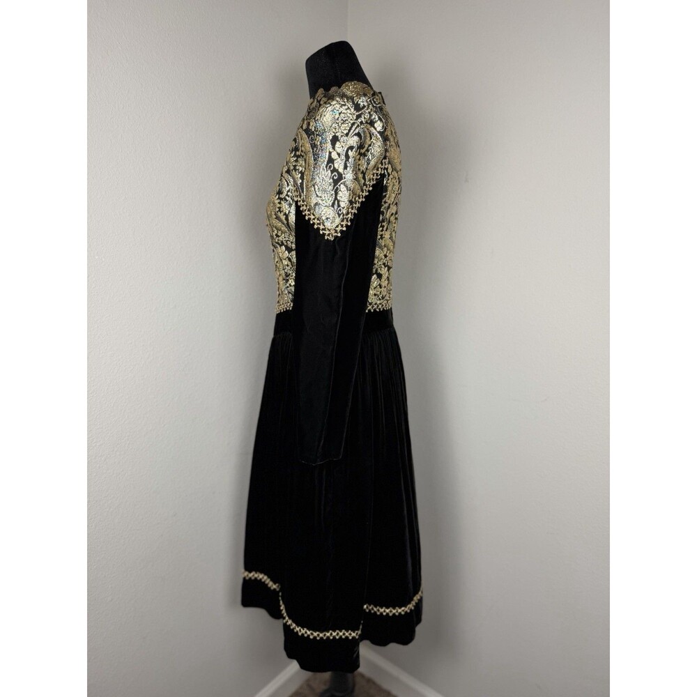 Jessica McClintock Vintage Black Velvet Gold Brocade Dress 12 Prairie Victorian - Picture 13 of 16